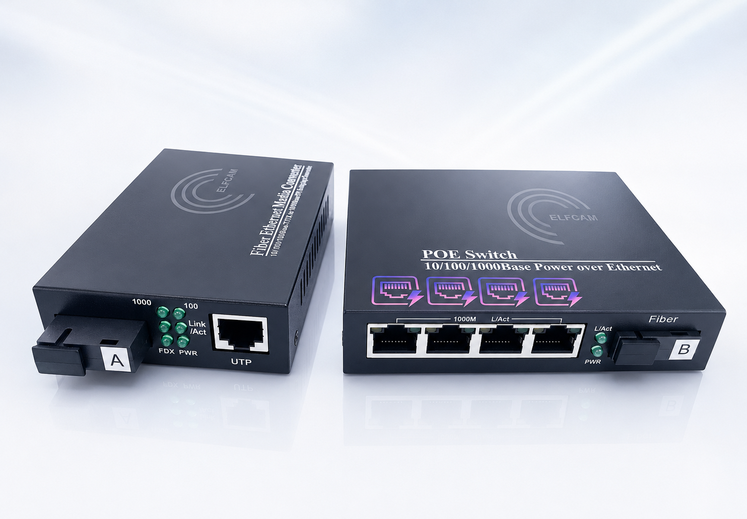 Fiber Ethernet PoE Converter, SFP (mini-GBIC) Included, 4 RJ45 Ports (Ref:4896)