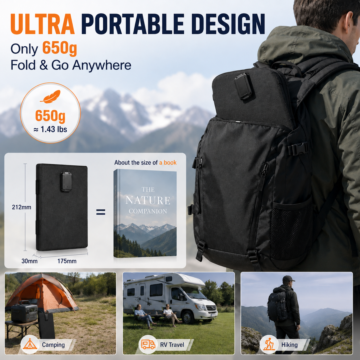 Elfcam - 30W Panneau Solaire Pliable ETFE IP65, Chargeur Solaire Portable avec Sortie DC 16,5V et Câble 1 m, Rendement Élevé, pour Batterie Externe, Camping, Randonnée et Van - Image 5