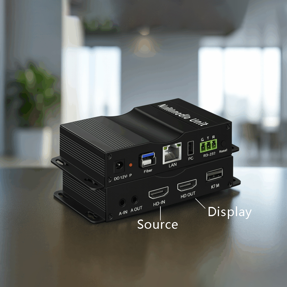 1 Pair - HT1001K – Extendeur HDMI Audio/Vidéo prise de contrôle à distance d’un ordinateur via Fibre Optique & Réseau Ethernet – 4K@30Hz jusqu’à 20 km (Ref: 24629)