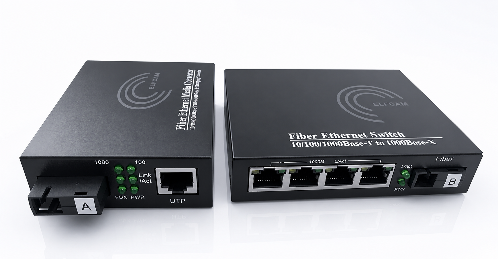 Elfcam - Lot de 2 Convertisseur Fibre Ethernet, Convertisseur de Média SFP (mini-GBIC) Inclus, Jusqu'à une Distance de 20KM sur Fibre Optique SC Monomode (4 Ports RJ45) (Ref:2181)