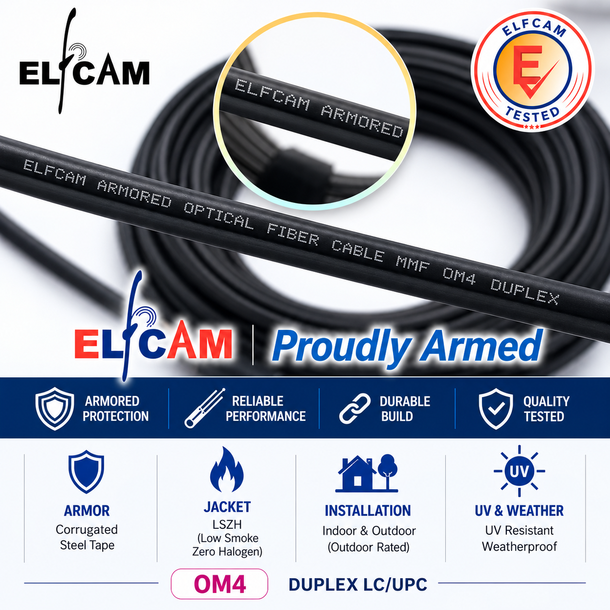 Elfcam - Câble à Fibre Optique en Acier Blindé pour Extérieur et Intérieur LC/UPC à LC/UPC Multimode Duplex OM4 Compatible avec les réseaux 10G / 40G / 100G - Bilde 5