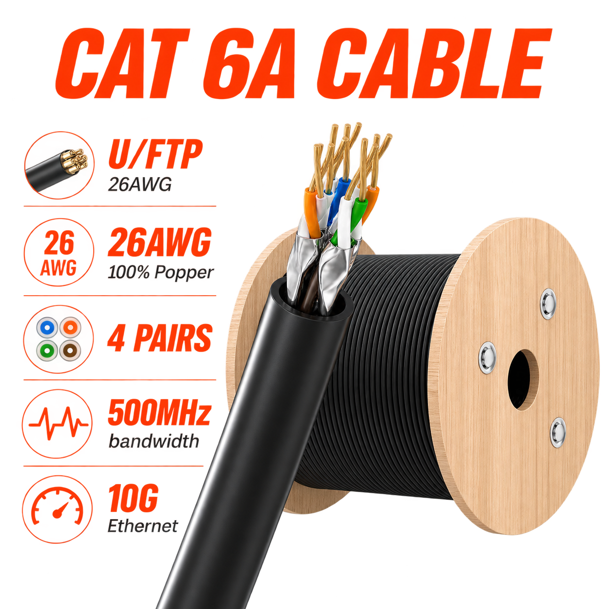 Cabo Ethernet Cat 6A de 305 m sem conector RJ45, U/FTP, 4 pares, 26 AWG, 100 % cobre nu, 10 Gbps, 500 MHz, LSZH, Ø 5,5 mm, Cabo de rede blindado para armários de distribuição, servidores, switches e instalações LAN (Ref.: 27711) – Imagem 2