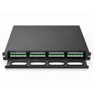 Elfcam® – Gaveta ótica de 48 portas LC/APC monomodo. Equipada com 48 portas LC/APC monomodo, compatível com a instalação em todos os racks e armários de 19” disponíveis no mercado (Ref.: 22165)