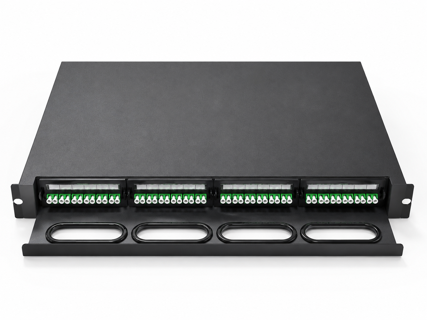 Elfcam® – Gaveta ótica de 48 portas LC/APC monomodo. Equipada com 48 portas LC/APC monomodo, compatível com a instalação em todos os racks e armários de 19” disponíveis no mercado (Ref.: 22165)