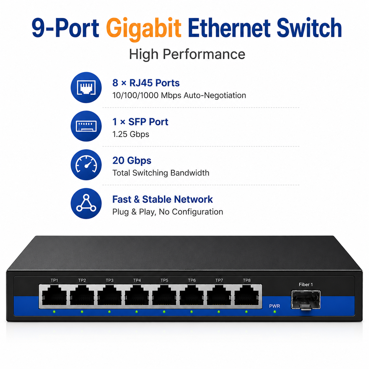 Ethernet switch 9 Gigabit ports 1 SFP and 8 RJ45, 20 Gbps bandwidth, fiber up to 120 km, Marvell chipset, compact metal case 260 × 68 × 21 mm, 5 V 2 A power supply supplied - Image 2