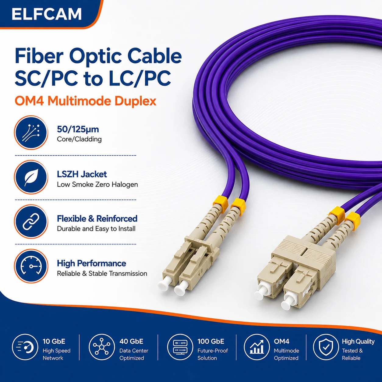 Elfcam® – OM4 LC/UPC zu SC/UPC Multimode-Duplex-Glasfaserkabel, Glasfaser-Patchkabel 50/125 um 2,0 mm LSZH – Bild 2