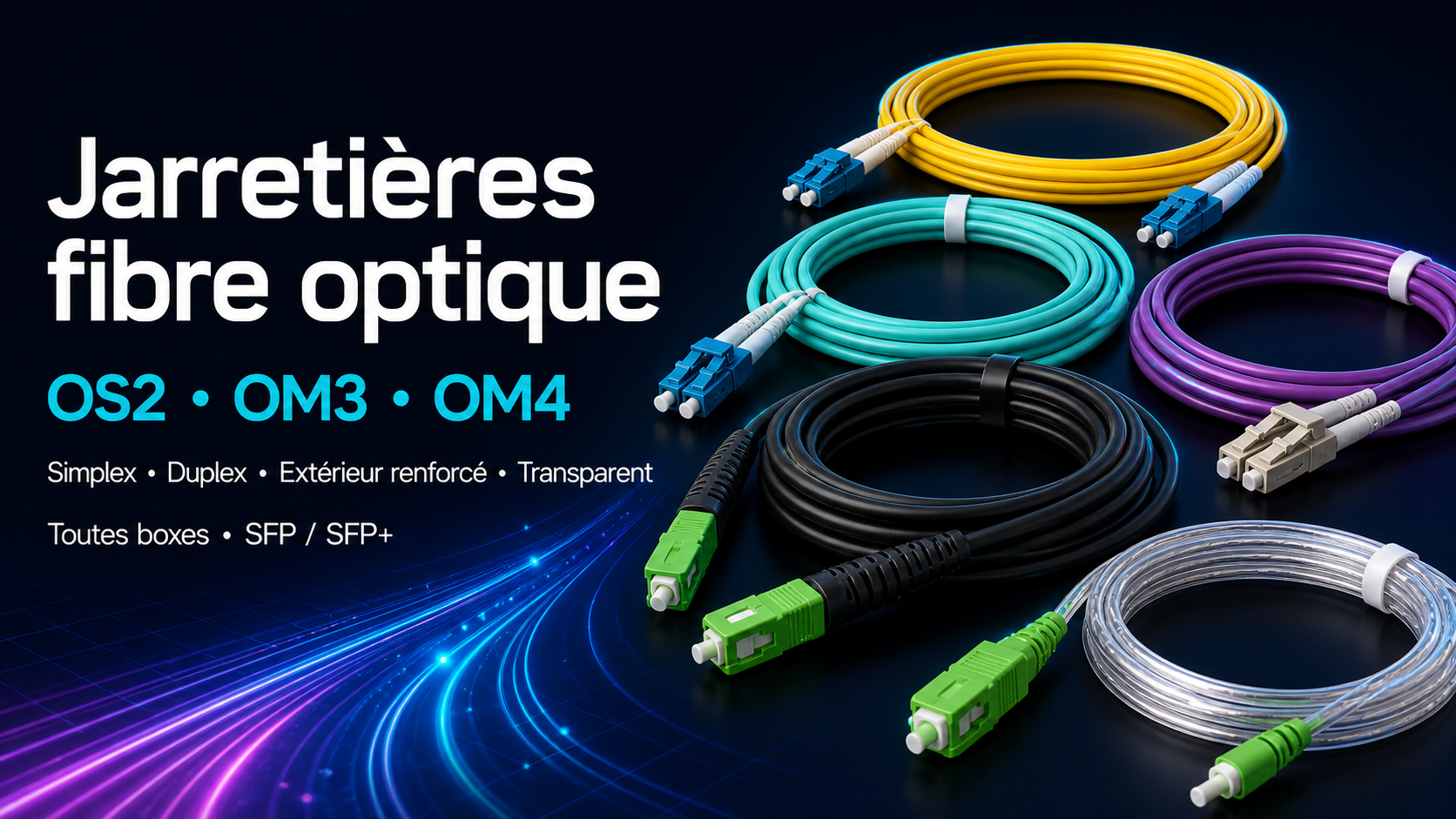 Jarretières et câbles fibre optique Elfcam — OS2 monomode et OM3/OM4 multimode, connecteurs SC/APC, LC/UPC et LC/APC