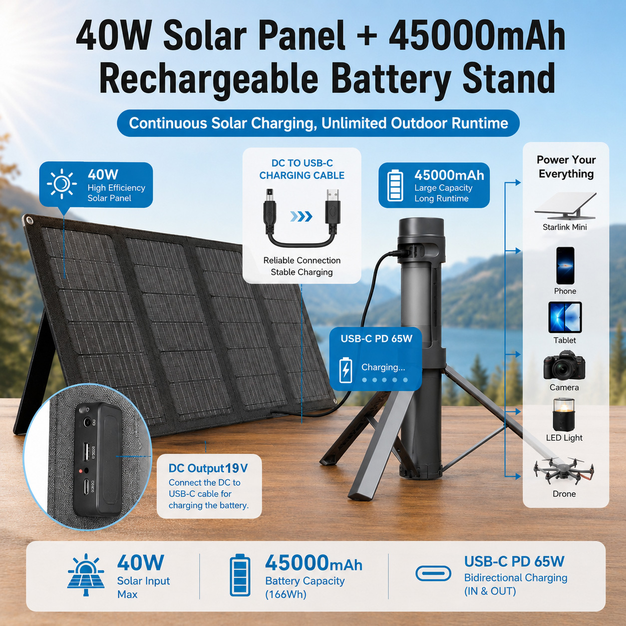 Elfcam - Kit Batterie Portable Compatible Starlink Mini 166,5Wh 45000mAh avec Panneau Solaire Pliable 40W, Sortie DC 30V, USB-C PD 65W, Alimentation Nomade pour Camping, Van, Randonnée et Urgence – Image 2