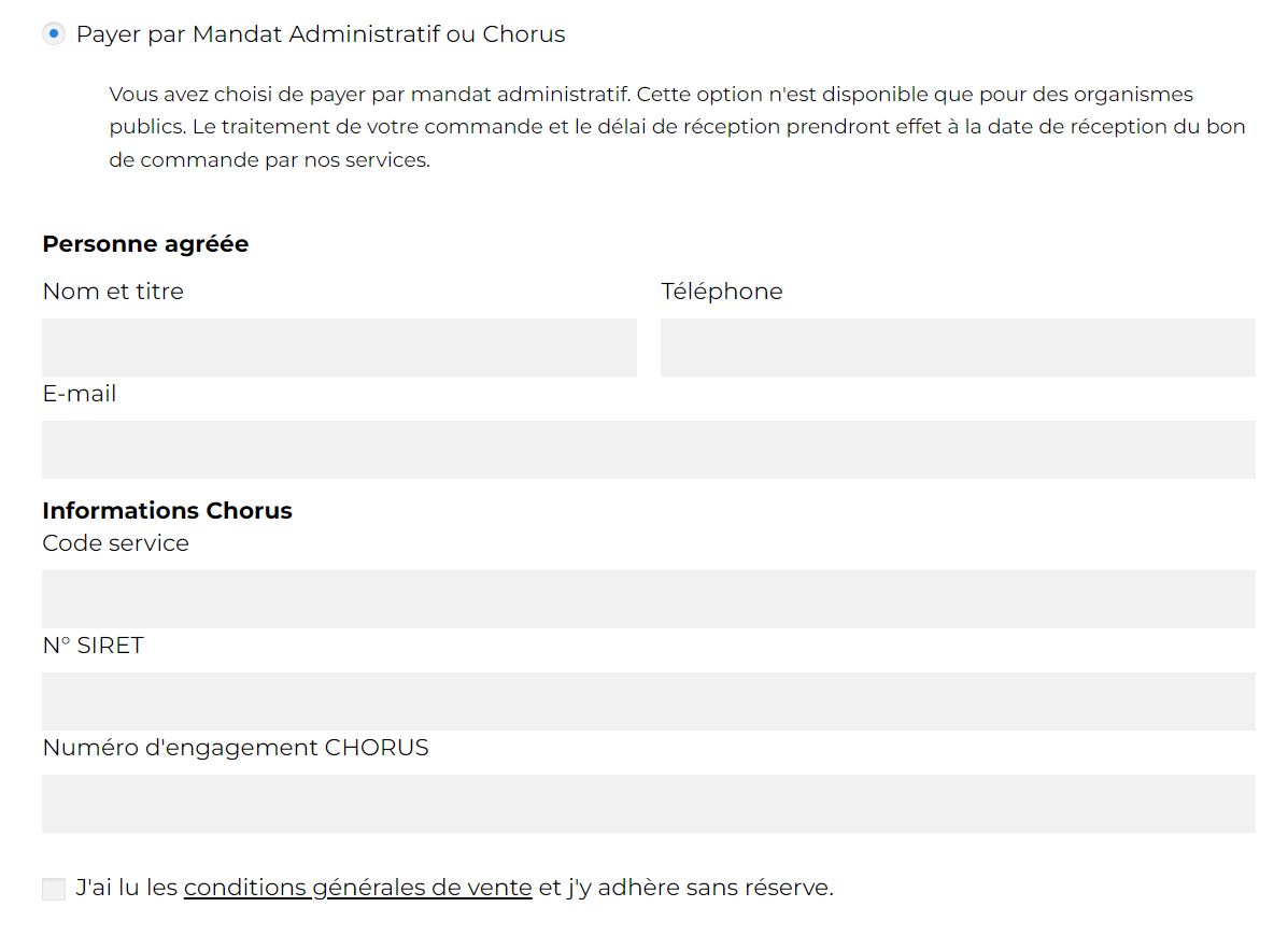 Écran paiement mandat administratif Elfcam — interface Chorus Pro