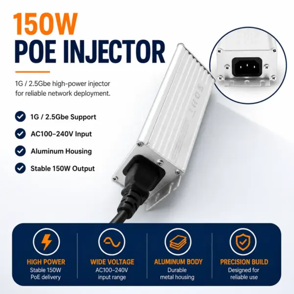 Elfcam 150W PoE-injector 2,5Gb – Aluminium Behuizing, Voor Starlink Gen 2 En 3, 48-56V Uitgang, Overspanningsbeveiliging, Plug & Play