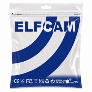 Sachet de packaging ELFCAM avec logo et conformités CE/RoHS/FCC/UKCA — Design in France