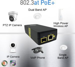 Elfcam – SFP Fibre PoE Injecteur 55 V DC 30 W PoE+ Alimentation, Gigabit 1000 Mbps, Conforme à la Norme IEEE802.3af/…