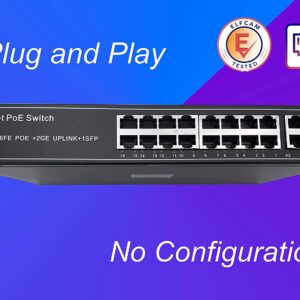 PoE Ethernet Switch avec 2 Ports Uplink Gigabit Ethernet 10/100/1000Mbps, Plug & Play Non Géré, Métal Robuste (16 Port…