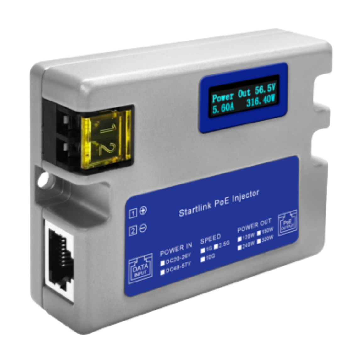 ELFCAM - Injecteur PoE 320W pour Starlink Gen 3/Gen 2, 10Gbit/s, Écran OLED, Protection contre les Surtensions 10kV, Entrée DC 54-57V, Ethernet 10G/5G/2,5G/1G, Boîtier Métallique Industriel, Montage Mural