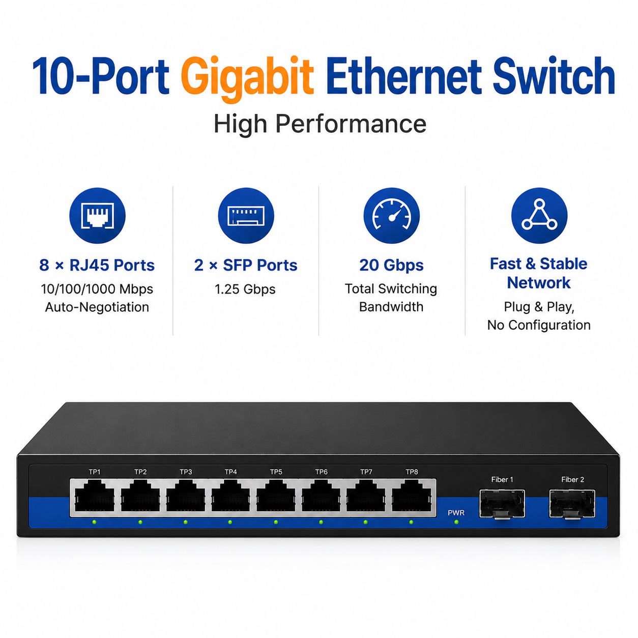 Elfacm – Ethernet switch 2 SFP ports and 8 RJ45, 20 Gbps bandwidth, distances up to 120 km, Marvell chipset, metal housing 260 × 68 × 21 mm, 5 V 2 A power supply included - Image 2