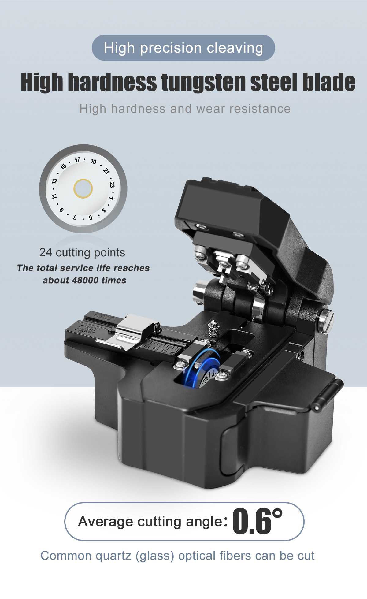 Cliveuse de Fibre Optique S12 Professionnelle – Coupe en Une Seule Étape, Angle de Coupe ≤ 0,6°, Lame en Acier au Tungstène 24 Positions (48 000 Coupes), Support Universel 3-en-1 pour Fibre Nue, Pigtail et Cordon Optique – Image 6